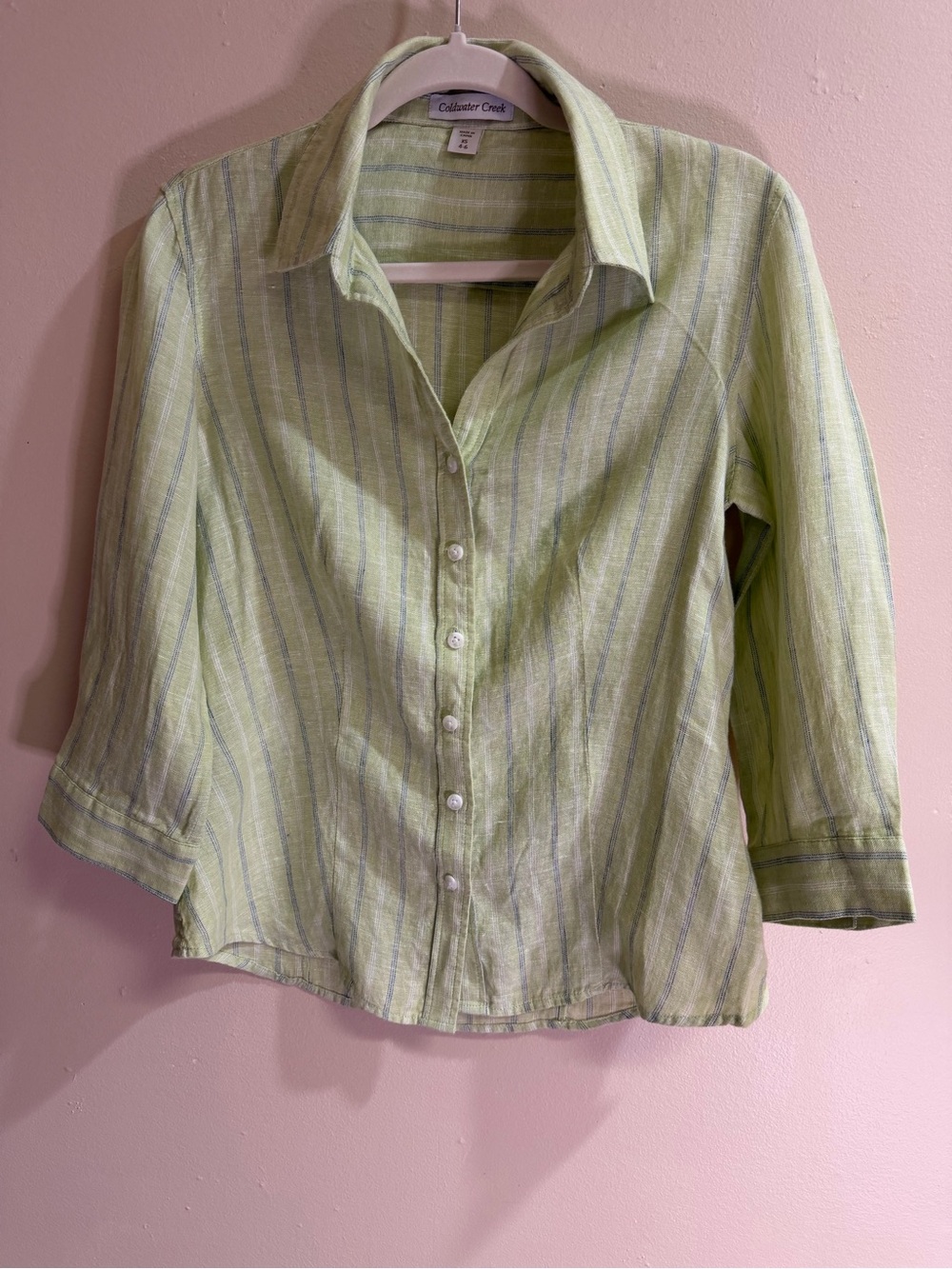 Coldwater Creek Green Striped 100% Linen Button-Up Shirt XS 4-6